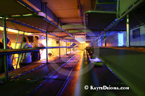 Cots in the fallout shelter under the Story of Berlin exhibit.