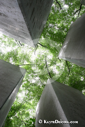Looking up between four of the 49 pillars in the Garden of Exile at the Jewish Museum Berlin, Germany.