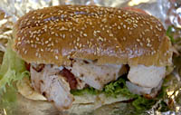 Grilled chicken breast sandwich from A La Carte at Quincy Market, Faneuil Hall Marketplace, Boston, MA