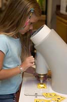 Becca looks at a dragonfly's wing under a microscope in the Smead Discovery Center at the Cleveland Museum of Natural History.