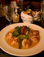 Pan Seared Sea Scallops with Butternut Coulis, Roasted Tomato-Spinach Ragout and Risotto at Pickwick Restaurant, Pickwick & Frolic, Cleveland, Ohio