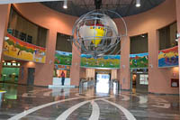 The spinning top globe hangs in the lobby of Trompo Magico (Magic Top) Interactive Museum.