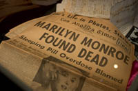 An L.A. Times newspaper announcing the death of Marilyn Monroe is part of the Marilyn Monroe exhibit at the Hollywood History Museum. Š Kayte Deioma