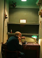 A model of Winston Churchill talks on the phone in the Transatlantic Telephone Room at the Cabinet War Rooms museum in London.