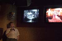 A guide introduces the  Ghosts and Legends special effects tour on the Queen Mary, Long Beach, CA