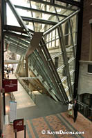 The eastern entrance of the Montreal World Trade Center complex is cut at an angle to preserve the facade of the historic St. James Hotel. Š Kayte Deioma