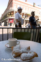 Cafe au lait and beighnet at Cafe du Monde in New Orleans, LA.