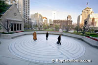 People walking on the outdoor labyrinth at Grace Cathedral on Nob Hill in San Francisco, CA.