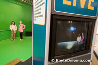 Two girls rehearse their scene on a green stage and appear on the TV as if they are on the moon in the Zeum Production Studio.