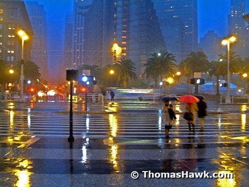 A rainy night in front of the Ferry Building in San Francisco.