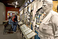 A staue of General Leslie Groves stands guard over the History Gallery at the Bradbury Science Museum, Los Alamos, CA